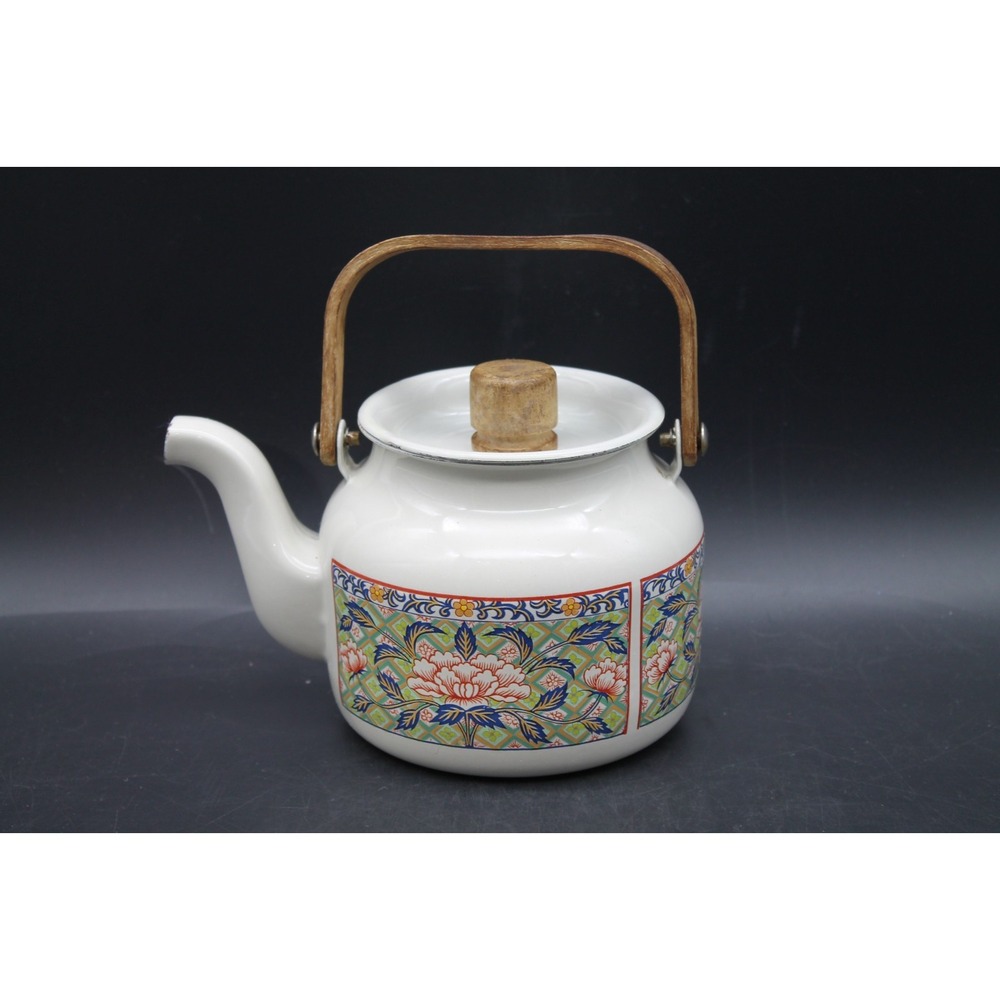 Vintage Enamel Teapot Floral Asian Style Wood Handle White Multicolor Kettle